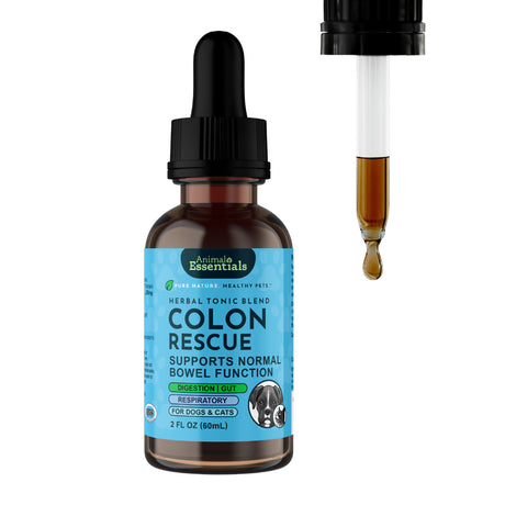 A brown dropper bottle labeled Animal Essentials | Colon Rescue Herbal Tonic - 2oz for dogs and cats features a blue label. A close-up of the dropper shows a brown liquid drop about to fall. This product provides digestive support and helps maintain normal bowel function, making it ideal for pets needing sensitive stomach relief.