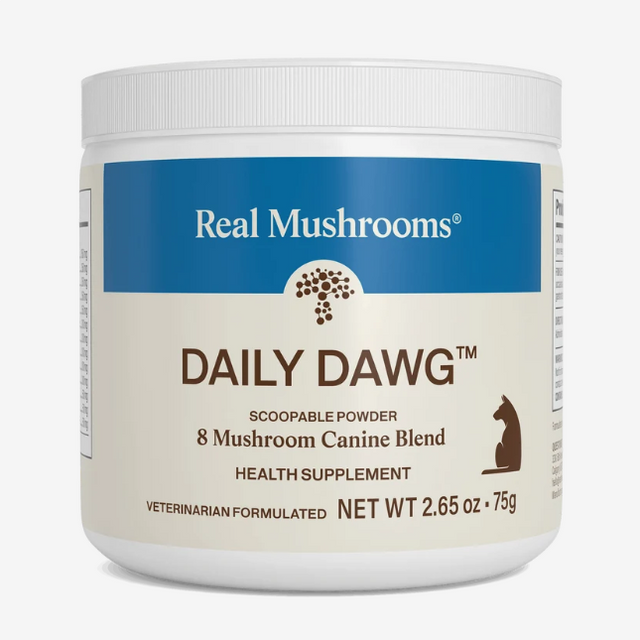 A white container of Real Mushrooms | Daily Dawg Powder for Dogs, an organic 8-mushroom blend supplement designed to support immune health in dogs, featuring blue and beige labeling with a silhouette of a dog on the front.
