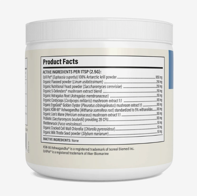 A white container labeled with product facts and active ingredients—such as organic plant powders and extracts, measured per serving—features registered trademarks and lists inactive ingredients. Specially formulated as an organic mushroom supplement for dogs, Real Mushrooms | Daily Dawg Powder for Dogs is designed to support immune health as a part of your dog’s daily wellness routine.