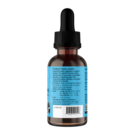 Animal Essentials | Daily Digestion Herbal Tonic - 2oz comes in a brown dropper bottle with a black cap and a blue label featuring product details and dosing instructions for pets. Formulated to help promote healthy digestion and reduce gas and bloating, this supplement is designed specifically for pets. Some of the label text is small and difficult to read in the image due to the angle and resolution.