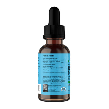 A brown glass dropper bottle of Animal Essentials | Daily Digestion Herbal Tonic - 2oz is shown against a white background. The bottle features a black dropper top and a blue label displaying product facts, ingredients, a QR code, and directions for use. The label highlights the formula’s benefits for supporting healthy digestion in pets.