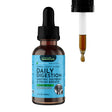 A brown glass bottle labeled “Animal Essentials | Daily Digestion Herbal Tonic - 2oz” for dogs and cats, featuring a black dropper cap, provides digestive support to help promote healthy digestion in pets. A separate close-up image shows the dropper dispensing a brown liquid. The label highlights benefits such as relief from gastric distress, promoting fresh breath, and reducing gas and bloating.