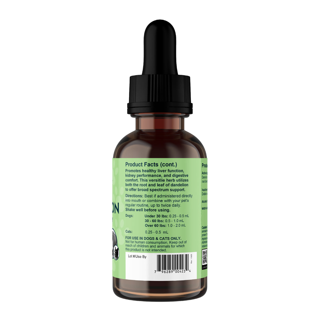 A brown dropper bottle of Animal Essentials | Dandelion Single Herb Tonic - 2oz features a green label with clearly printed product facts, dosage instructions for dogs and cats, and a barcode. The black dropper cap is securely closed. This organic herbal supplement is highlighted on the label as an effective dandelion tonic designed to support healthy liver function in pets.