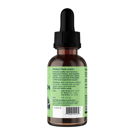 A brown dropper bottle of Animal Essentials | Dandelion Single Herb Tonic - 2oz features a green label with clearly printed product facts, dosage instructions for dogs and cats, and a barcode. The black dropper cap is securely closed. This organic herbal supplement is highlighted on the label as an effective dandelion tonic designed to support healthy liver function in pets.