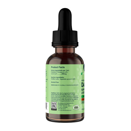 A 2oz brown glass dropper bottle of Animal Essentials | Dandelion Single Herb Tonic, featuring a green label with supplement facts, QR codes, and a dropper cap. The back of the bottle displays visible text and ingredients for this organic herbal supplement, ideal for pet liver support or as a dandelion tonic.