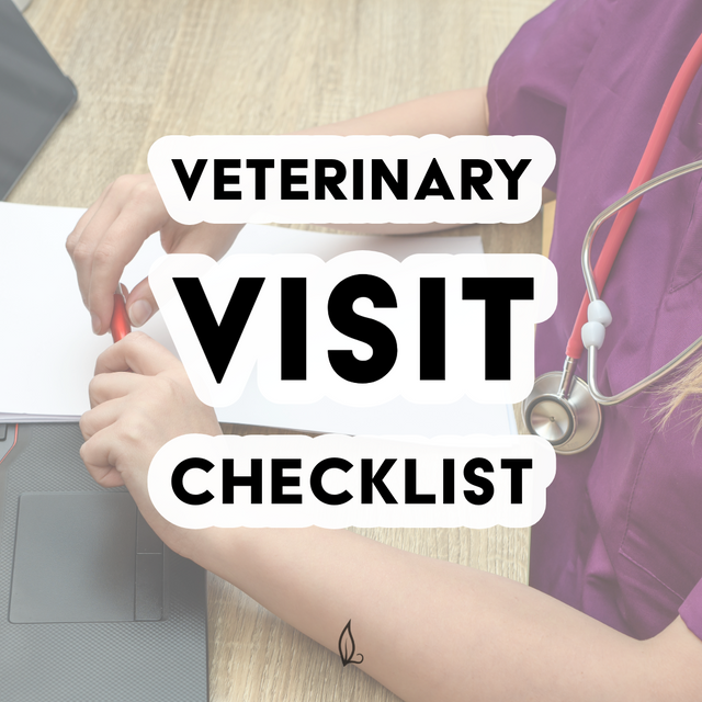 A person in purple scrubs with a stethoscope writes on paper near a laptop. Text over image reads: Veterinary Visit Checklist—includes pet handling instructions and helpful tips for curbside veterinary appointments.