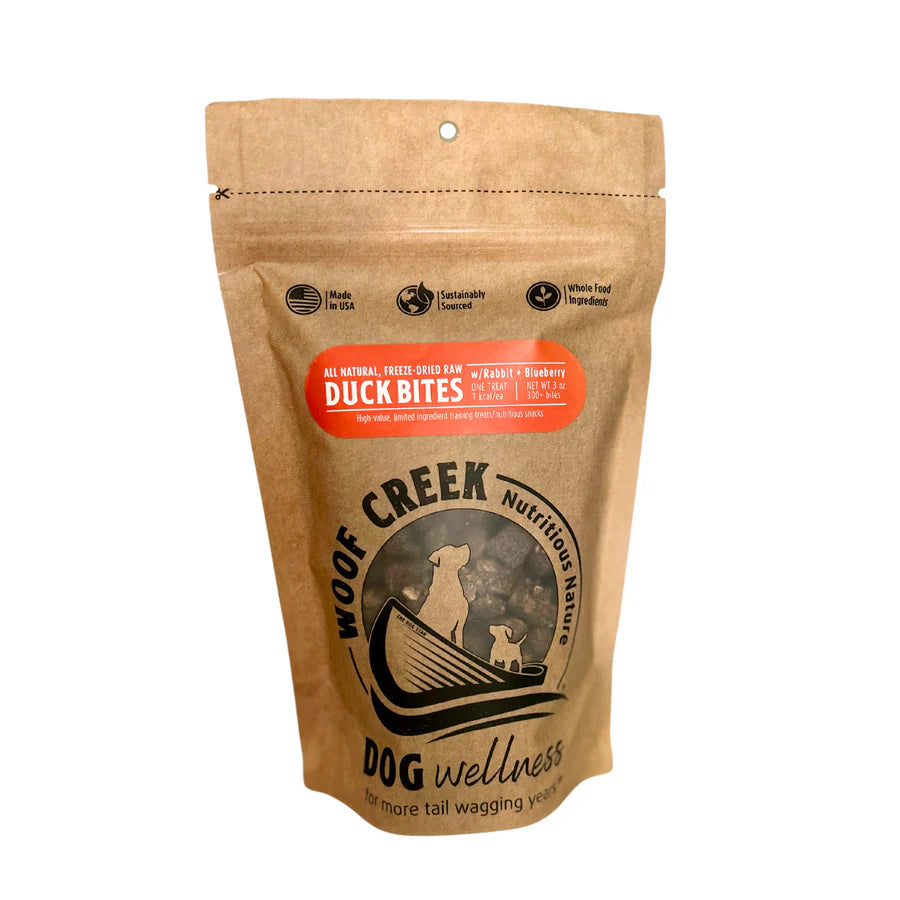 Woof Creek Natural Duck Bites w/Rabbit + Blueberries | for Dogs + Cats