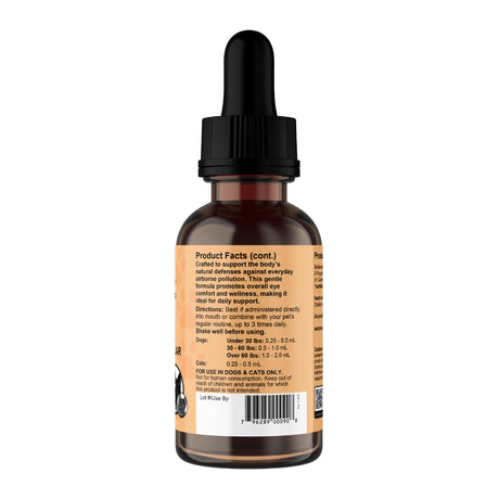 Animal Essentials | Eye Defense Herbal Tonic Blend - 2oz comes in an amber glass dropper bottle with a black cap and an orange label featuring product facts, directions for use, visible text, and a barcode. Specially formulated to support ocular comfort and targeted eye protection for dogs and cats.