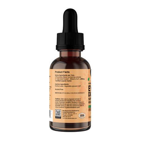 A 2oz brown glass dropper bottle with a black cap and an orange label featuring supplement facts and a QR code on the side, containing Animal Essentials | Eye Defense Herbal Tonic Blend—a dietary supplement formulated to support ocular comfort and provide gentle eye protection for dogs and cats.