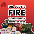 A vibrant display features an assortment of fresh vegetables, fruits, and spices arranged in bowls and piles beneath bold text reading “Dr. Judy's Fire Constitution Recipe for Dogs” on a red background with a flame icon—an eye-catching scene that showcases Dr. Judy's Fire Constitution Recipe ingredients. Ideal for pet owners, this setup encourages you to download your free PDF or discover more through the Animal Diet Formulator.