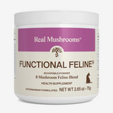 A container of Real Mushrooms | Functional Feline Powder, an 8-mushroom blend health supplement for cats formulated as a functional powder to support feline immunity, shown with a purple label and white lid. Net weight: 2.65 oz (75g).