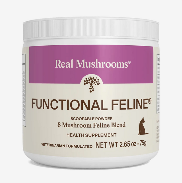 A container of Real Mushrooms | Functional Feline Powder, an 8-mushroom blend health supplement for cats formulated as a functional powder to support feline immunity, shown with a purple label and white lid. Net weight: 2.65 oz (75g).