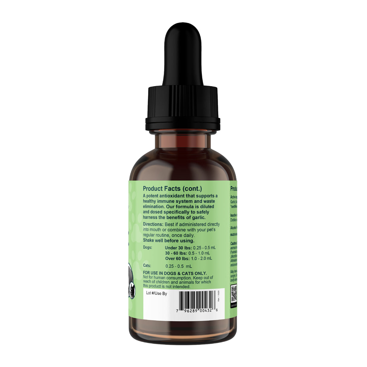 A brown glass dropper bottle of Animal Essentials | Garlic Single Herb Tonic - 2oz features a green label with dosage instructions and product facts for this pet supplement, which is formulated to provide immune support. The bottle has a black dropper cap and is intended for use in dogs and cats only.