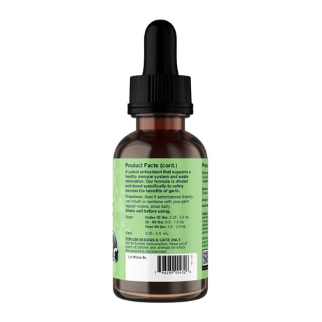A brown glass dropper bottle of Animal Essentials | Garlic Single Herb Tonic - 2oz features a green label with dosage instructions and product facts for this pet supplement, which is formulated to provide immune support. The bottle has a black dropper cap and is intended for use in dogs and cats only.
