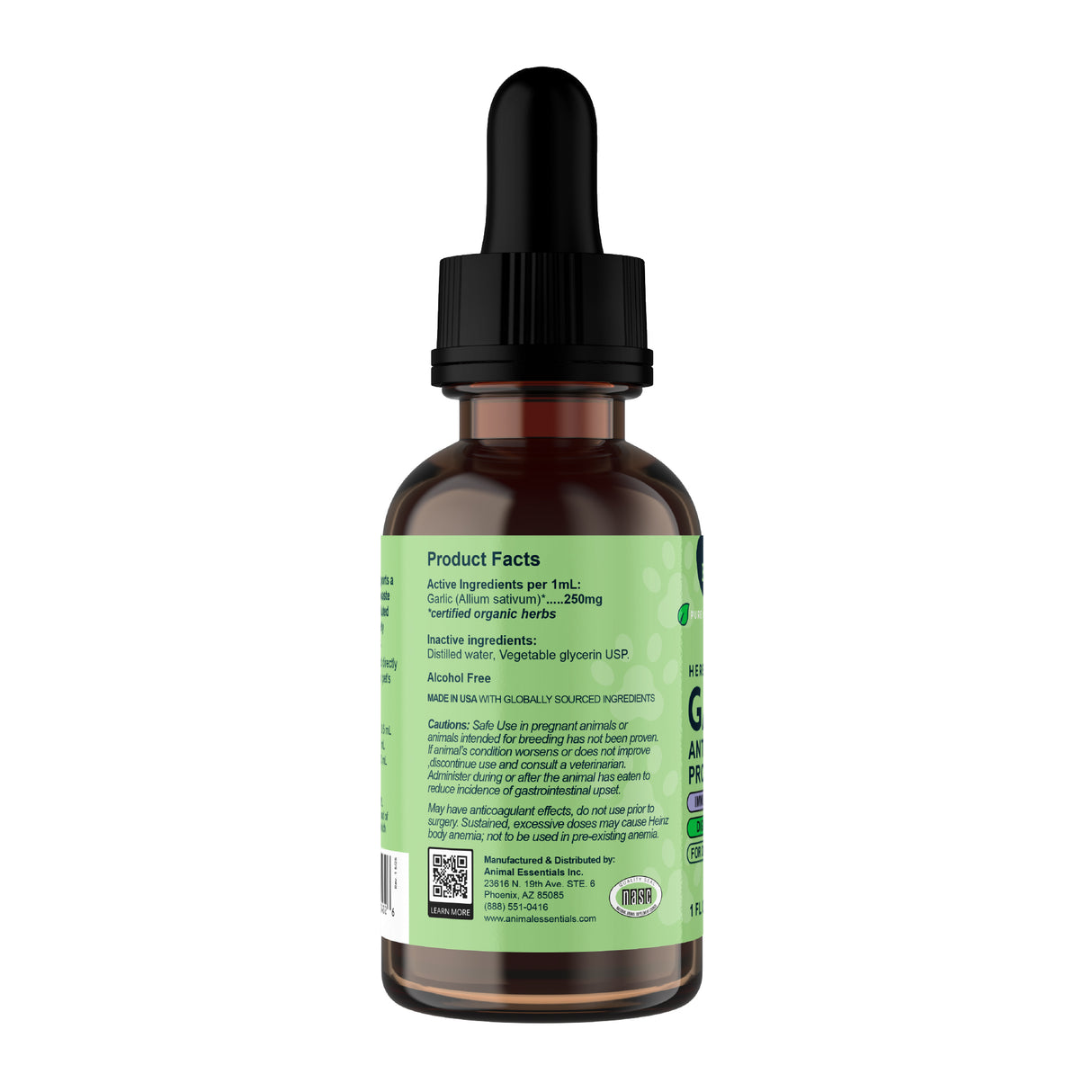 A 2oz Animal Essentials Garlic Single Herb Tonic comes in a brown glass dropper bottle with a black dropper cap and features a green label displaying supplement facts, ingredients, and usage instructions. The bottle is set against a white background—ideal for pet owners looking for immune support options such as garlic for cats or dogs.
