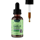 A brown glass bottle labeled “Animal Essentials | Garlic Single Herb Tonic - 2oz” for dogs and cats, featuring a dropper cap. Perfect for immune support, this supplement harnesses the natural benefits of garlic for pets. Beside the bottle, a separate dropper shows brown liquid with a drop falling from the tip.