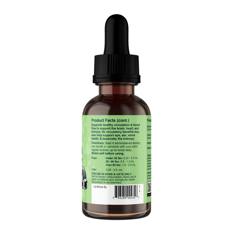 A brown glass dropper bottle with a black cap, featuring a green label that displays product facts, usage directions, and a barcode. The label indicates the product is Animal Essentials | Ginkgo Single Herb Tonic - 2oz, formulated for use in dogs and cats only. It highlights its benefits as a pet memory supplement, offering cognitive support for dogs with ingredients like ginkgo biloba for pets.