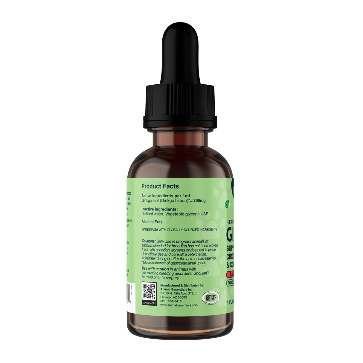 A brown glass dropper bottle labeled “Animal Essentials | Ginkgo Single Herb Tonic - 2oz” features a green label displaying product facts, ingredients, and a barcode. The black dropper cap tops the bottle. Supplement details and active ingredient information are printed on the label, highlighting its function as a pet memory supplement formulated to provide cognitive support for dogs.