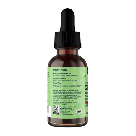 A brown glass dropper bottle labeled “Animal Essentials | Ginkgo Single Herb Tonic - 2oz” features a green label displaying product facts, ingredients, and a barcode. The black dropper cap tops the bottle. Supplement details and active ingredient information are printed on the label, highlighting its function as a pet memory supplement formulated to provide cognitive support for dogs.