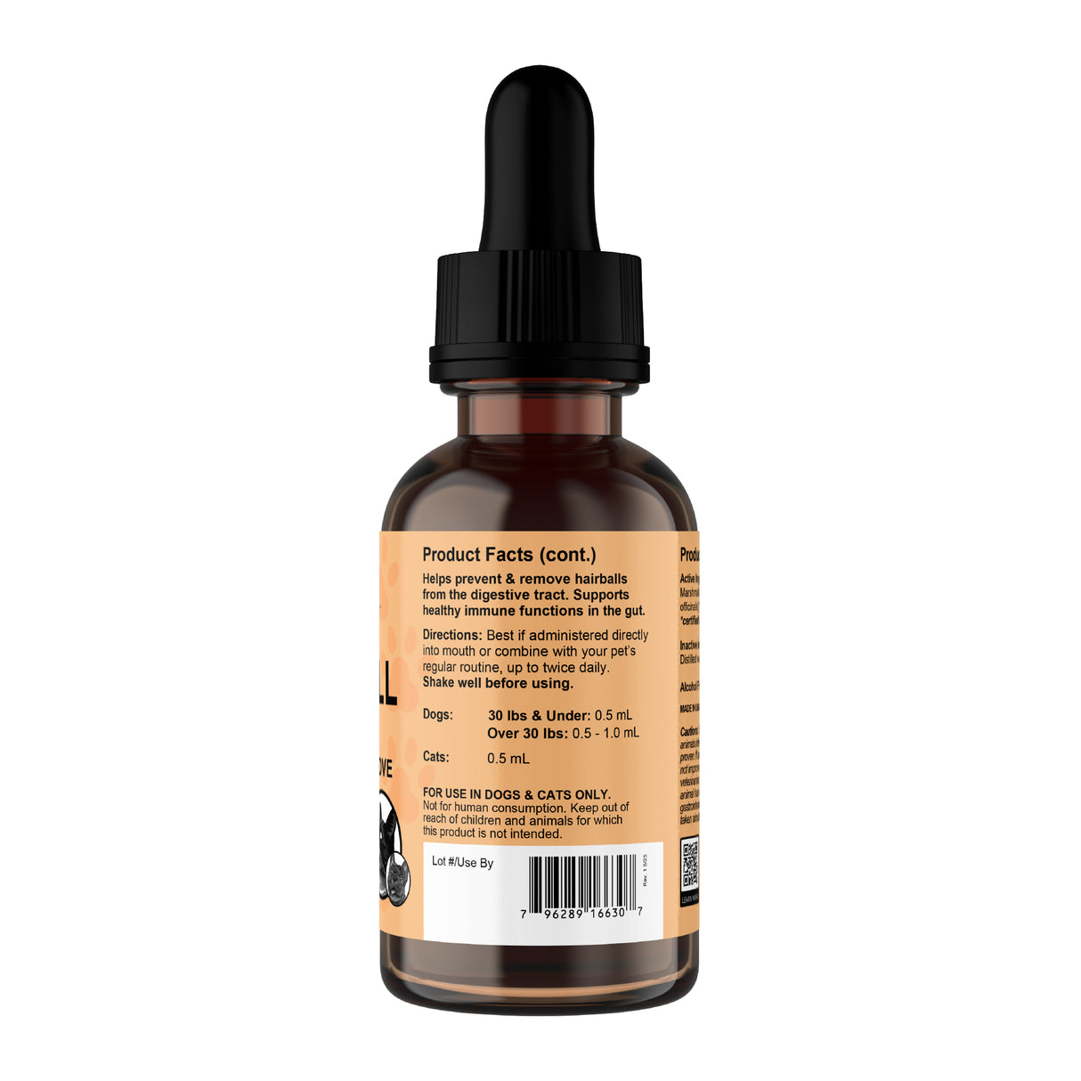 A brown dropper bottle with a black cap and an orange label displaying product facts, dosing directions for dogs and cats, and a barcode at the bottom. Animal Essentials | Hairball Relief Single Herb Tonic - 2oz is specially formulated to support pet digestion and provide hairball relief, featuring organic marshmallow root as a key ingredient.