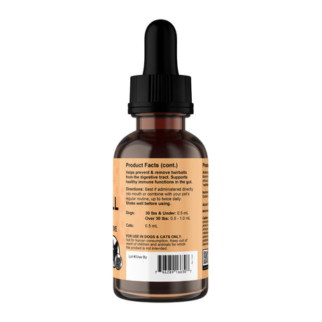 A brown dropper bottle with a black cap and an orange label displaying product facts, dosing directions for dogs and cats, and a barcode at the bottom. Animal Essentials | Hairball Relief Single Herb Tonic - 2oz is specially formulated to support pet digestion and provide hairball relief, featuring organic marshmallow root as a key ingredient.