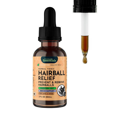 A brown glass dropper bottle of Animal Essentials | Hairball Relief Single Herb Tonic - 2oz for cats and dogs, with a close-up showing the dropper dispensing a liquid. The label emphasizes hairball relief by supporting digestion, gut health, and immune function with organic marshmallow root.