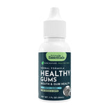 A 1 fl oz bottle of Animal Essentials | Healthy Gums is a natural herbal rinse for dogs and cats, designed to support oral health and help maintain fresh breath. Packaged with a white dropper cap and green-blue label, this mouth and gum health supplement promotes healthy gums in pets.