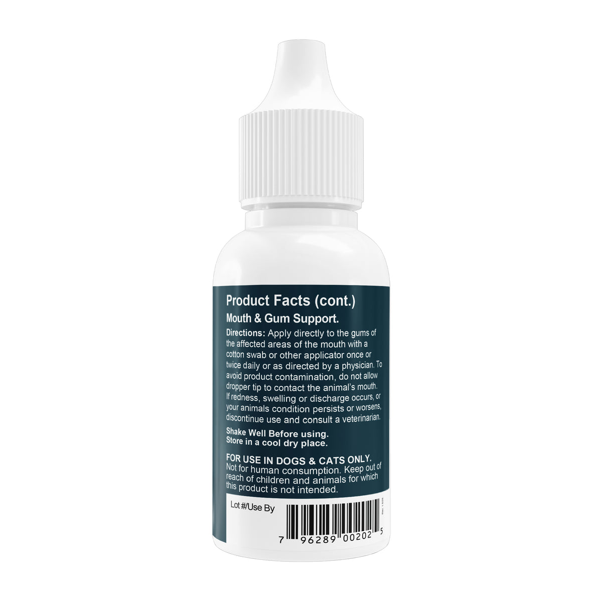 Animal Essentials | Healthy Gums - 1oz is a white plastic dropper bottle with a dark label displaying product facts, directions for use on dogs and cats, a barcode, and cautionary text. This natural herbal rinse supports fresh breath and promotes healthy gums in both cats and dogs.