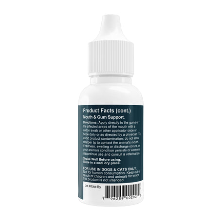 Animal Essentials | Healthy Gums - 1oz is a white plastic dropper bottle with a dark label displaying product facts, directions for use on dogs and cats, a barcode, and cautionary text. This natural herbal rinse supports fresh breath and promotes healthy gums in both cats and dogs.