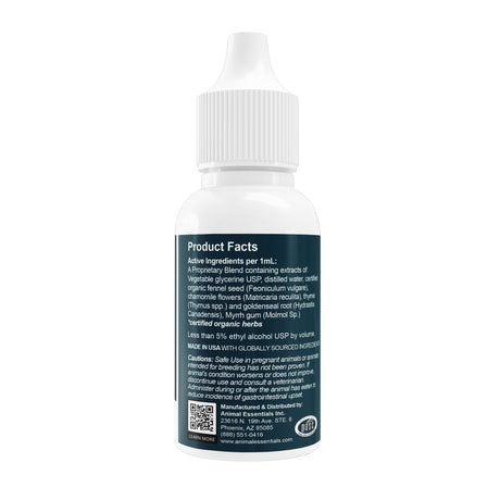 Animal Essentials | Healthy Gums - 1oz is shown in a white dropper bottle with a ribbed cap and a green label listing product facts, active ingredients, cautions, manufacturer details, barcode, and QR code. Specially formulated as a natural herbal rinse to promote healthy gums for cats and dogs, it comes in a convenient container set against a plain white background.