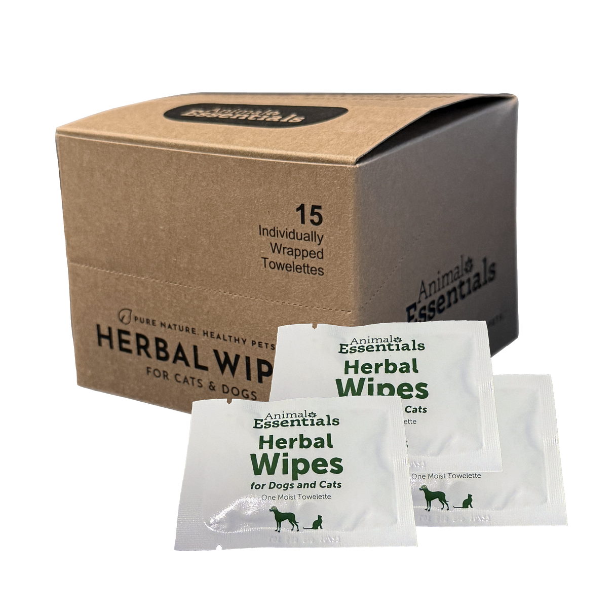 A brown box labeled Animal Essentials | Herbal Wipes (15 count box) sits with three individual white towelette packets displayed in front. Designed for natural grooming, the box notes it contains 15 individually wrapped herbal pet wipes for cats and dogs.