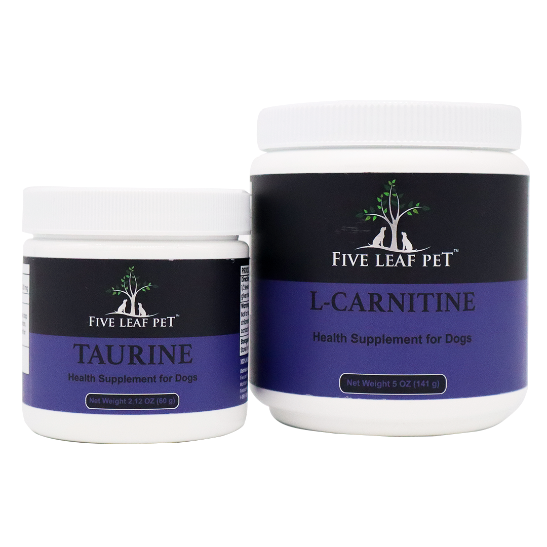 Two white jars with purple labels from Five Leaf Botanicals’ Canine Heart Health Program: on the left, a 2.12 oz Taurine supplement; on the right, a 5 oz L-Carnitine supplement. Both are natural heart supplements for dogs, specially formulated to support canine heart health.