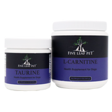 Two white jars with purple labels from Five Leaf Botanicals’ Canine Heart Health Program: on the left, a 2.12 oz Taurine supplement; on the right, a 5 oz L-Carnitine supplement. Both are natural heart supplements for dogs, specially formulated to support canine heart health.