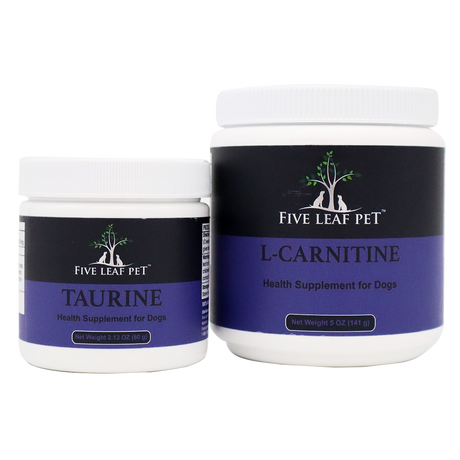 Two white jars with purple labels from Five Leaf Botanicals’ Canine Heart Health Program: on the left, a 2.12 oz Taurine supplement; on the right, a 5 oz L-Carnitine supplement. Both are natural heart supplements for dogs, specially formulated to support canine heart health.