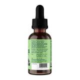A brown glass dropper bottle with a black cap and a green label featuring dosage instructions and product facts for pets. The back of the bottle is shown, emphasizing the label’s text, which explains that Animal Essentials | Licorice Herbal Tonic - 2oz offers digestive support for pets.