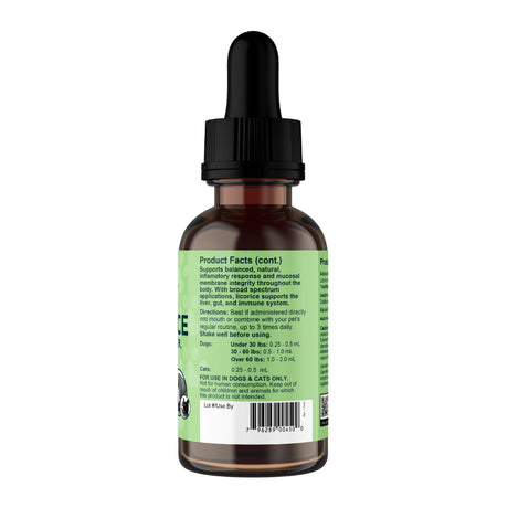 A brown glass dropper bottle with a black cap and a green label featuring dosage instructions and product facts for pets. The back of the bottle is shown, emphasizing the label’s text, which explains that Animal Essentials | Licorice Herbal Tonic - 2oz offers digestive support for pets.