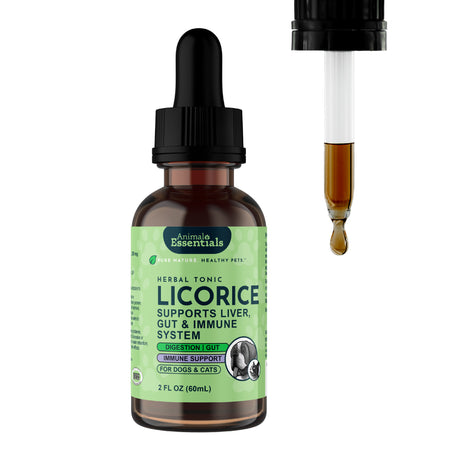 A brown dropper bottle labeled Animal Essentials | Licorice Herbal Tonic - 2oz for dogs and cats, with a dropper dispensing liquid beside it. This licorice root supplement supports digestive and immune health in pets. Bottle size is 2 fl oz (60 mL).