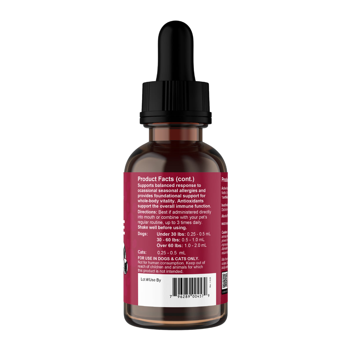 A brown glass dropper bottle labeled “Animal Essentials | Nettle Herbal Tonic - 2oz” features a red label with dosage instructions and product facts for an alcohol-free pet supplement. The black dropper cap allows for precise measurement, and the clear dosing guide offers weight-based instructions, making it an excellent choice for allergy support in pets.