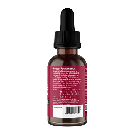 A brown glass dropper bottle labeled “Animal Essentials | Nettle Herbal Tonic - 2oz” features a red label with dosage instructions and product facts for an alcohol-free pet supplement. The black dropper cap allows for precise measurement, and the clear dosing guide offers weight-based instructions, making it an excellent choice for allergy support in pets.