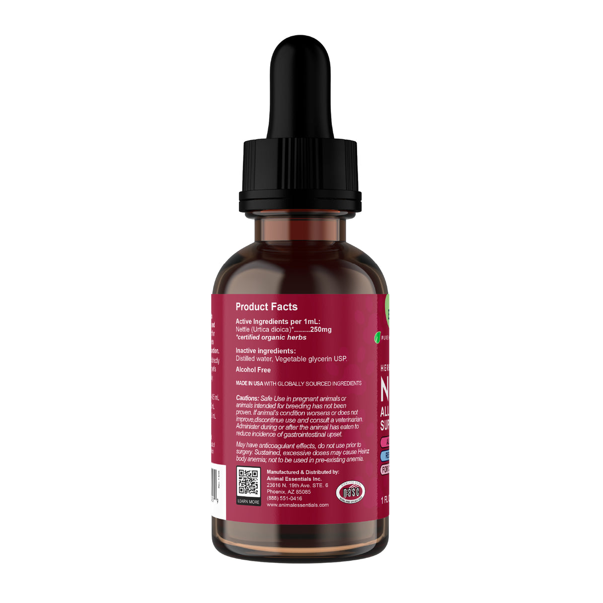 A brown glass dropper bottle with a black cap and pipette, labeled “Animal Essentials | Nettle Herbal Tonic - 2oz.” The label features product facts, ingredients, and warnings in white text on a red background. Near the bottom, a QR code and certifications are visible, highlighting this alcohol-free pet supplement formulated to support pets with allergies.