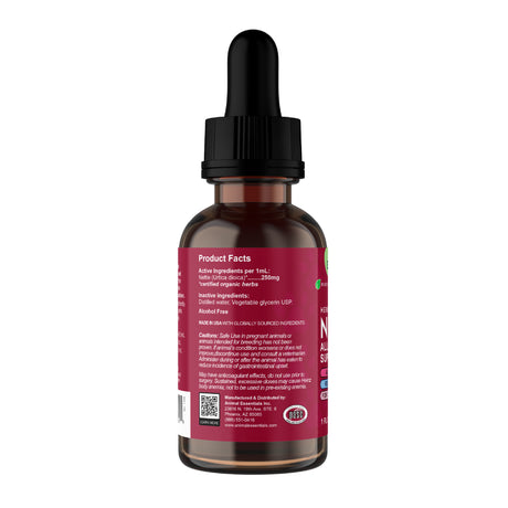 A brown glass dropper bottle with a black cap and pipette, labeled “Animal Essentials | Nettle Herbal Tonic - 2oz.” The label features product facts, ingredients, and warnings in white text on a red background. Near the bottom, a QR code and certifications are visible, highlighting this alcohol-free pet supplement formulated to support pets with allergies.