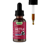 A brown glass dropper bottle labeled Animal Essentials | Nettle Herbal Tonic - 2oz, with a dropper dispensing a drop of amber liquid alongside it—offering an organic nettle supplement for gentle herbal wellness and effective allergy support for pets.