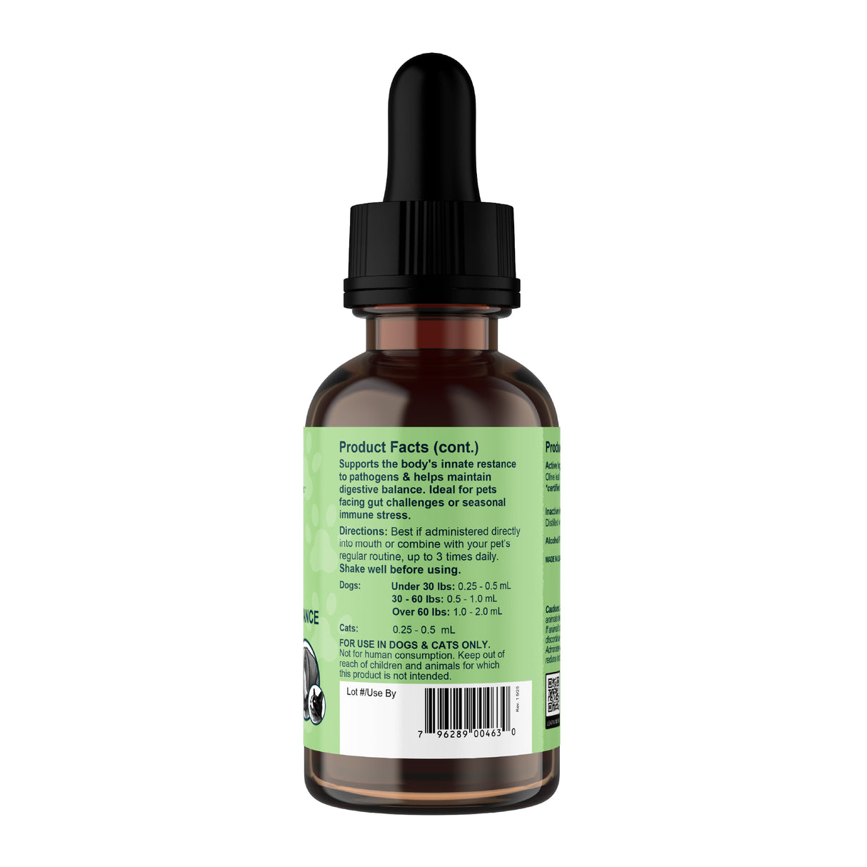 Certainly! Here’s a rewritten version using your product data: A 2oz Animal Essentials Olive Leaf Herbal Tonic comes in a brown glass dropper bottle with a black cap and a green label featuring product facts, usage directions, dosage instructions, a QR code, and a barcode. This alcohol-free supplement is formulated exclusively for dogs and cats, supporting pet immune health with ingredients like olive leaf.