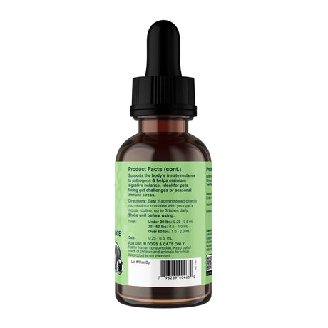 Certainly! Here’s a rewritten version using your product data: A 2oz Animal Essentials Olive Leaf Herbal Tonic comes in a brown glass dropper bottle with a black cap and a green label featuring product facts, usage directions, dosage instructions, a QR code, and a barcode. This alcohol-free supplement is formulated exclusively for dogs and cats, supporting pet immune health with ingredients like olive leaf.