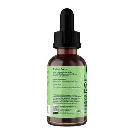 A 2oz Animal Essentials Olive Leaf Herbal Tonic comes in a brown glass dropper bottle with a black dropper top and features a green label displaying product facts and ingredients, such as Aloe Vera extract and olive leaf, formulated for pets. The black and white text on the alcohol free supplement emphasizes gentle immune support for pets.