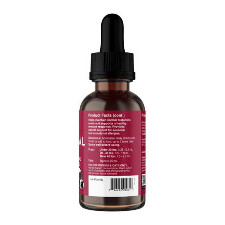 A 2oz Animal Essentials Seasonal Allergy Herbal Tonic comes in a brown glass dropper bottle with a black cap and a red label featuring white text detailing product facts, directions, and dosage for dogs and cats. Specially formulated to provide natural immune support for effective pet allergy relief, the barcode appears at the bottom of the label.