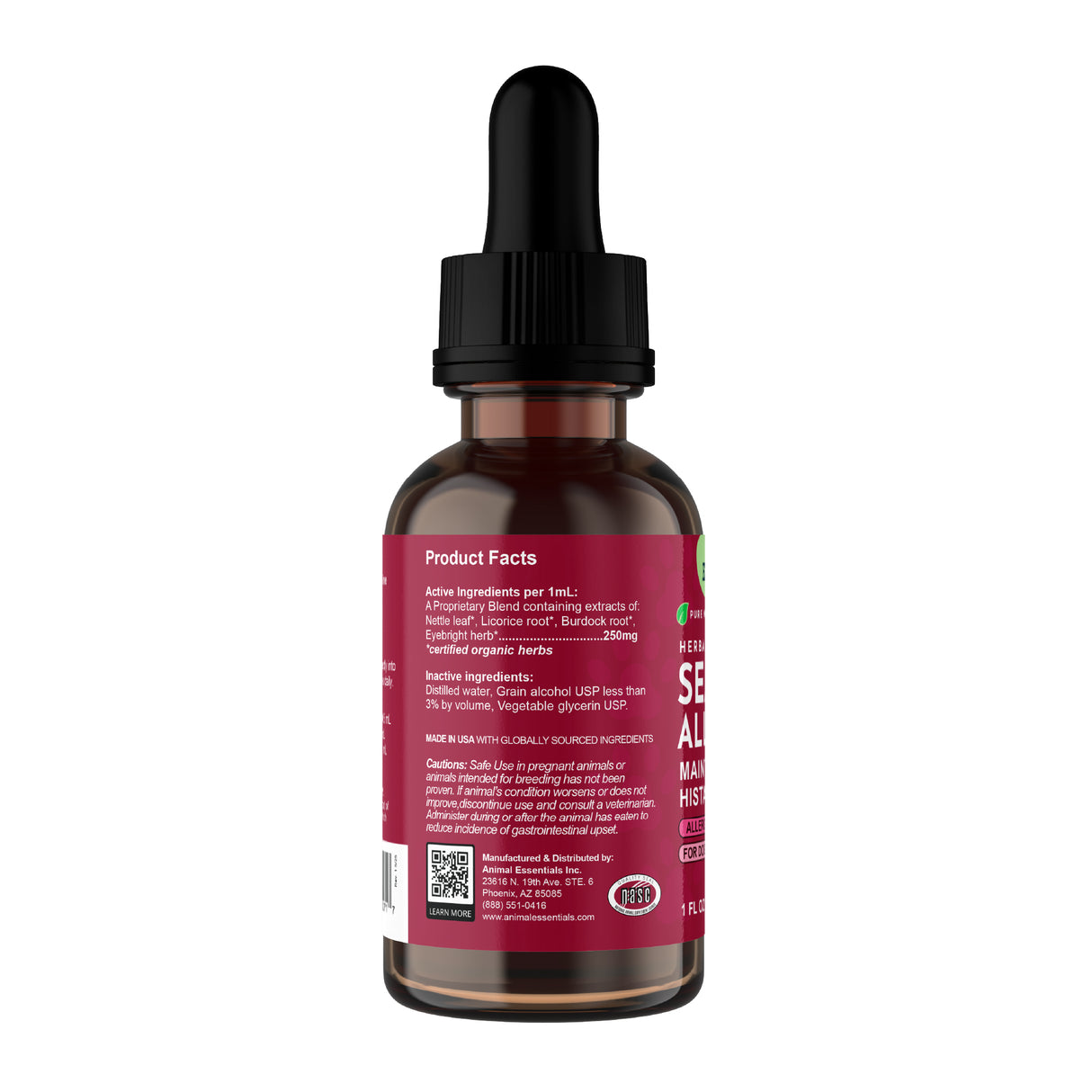 A brown dropper bottle with a black cap; the label displays product facts, ingredients, and usage instructions in white text on a red background. The Animal Essentials | Seasonal Allergy Herbal Tonic – 2oz is designed for natural immune support and includes a QR code along with certification logos near the bottom of the label.