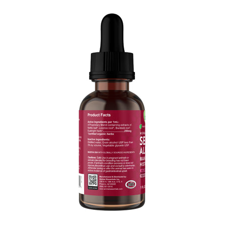 A brown dropper bottle with a black cap; the label displays product facts, ingredients, and usage instructions in white text on a red background. The Animal Essentials | Seasonal Allergy Herbal Tonic – 2oz is designed for natural immune support and includes a QR code along with certification logos near the bottom of the label.