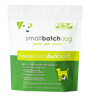 A white and green SmallBatch Freeze-Dried Complete Recipes for Dogs - Sliders package with a dog icon, labeled duckbatch. Highlights natural ingredients, no hormones, and raw diet suitability. Net weight: 14 oz (397g).
