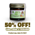 A jar labeled Dr. Judy’s PEA (Palmitoylethanolamide) for Small Dogs - 9g, featuring a cartoon of a woman with her dog, is shown. Text reads: 50% OFF! Use code 27PEA50 and Product exp. date 01/2027. This PEA supplement is designed to provide immune support for your furry friend, harnessing the benefits of Palmitoylethanolamide (PEA).